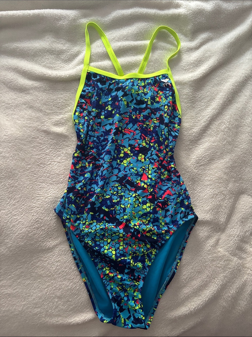 Blue Floral One-Piece Swimsuit with Neon Green  Trim